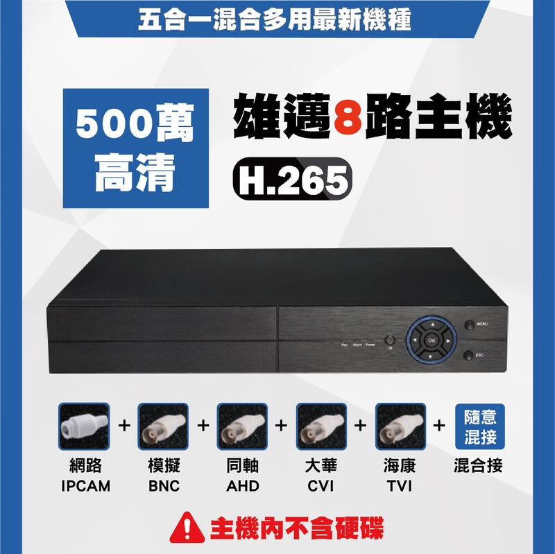 雄邁AHD CVI TVI 類比 H.265 五百萬畫素8路DVR 手